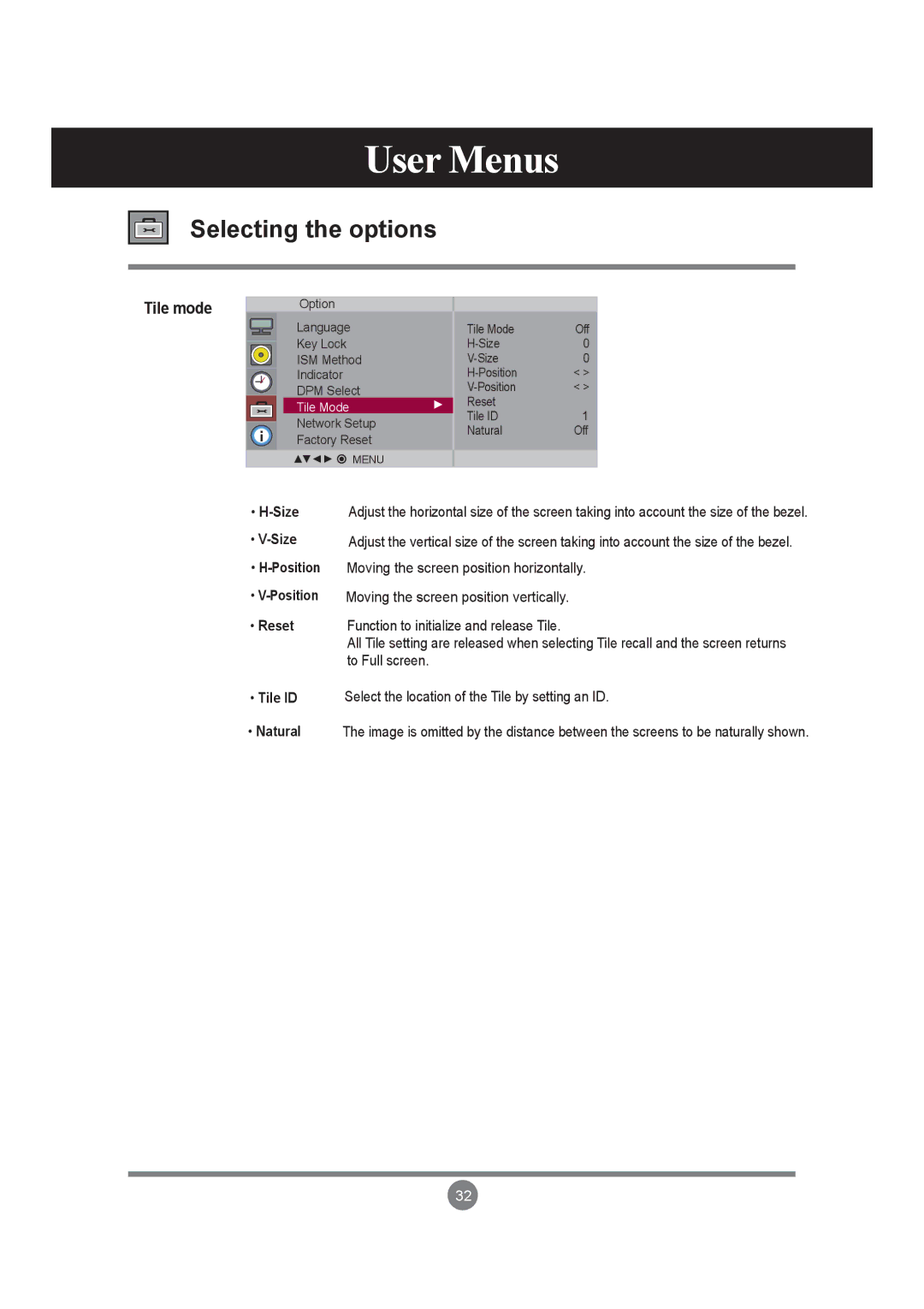 LG Electronics M3703C, M3203C manual Size Position Reset Tile ID Natural 