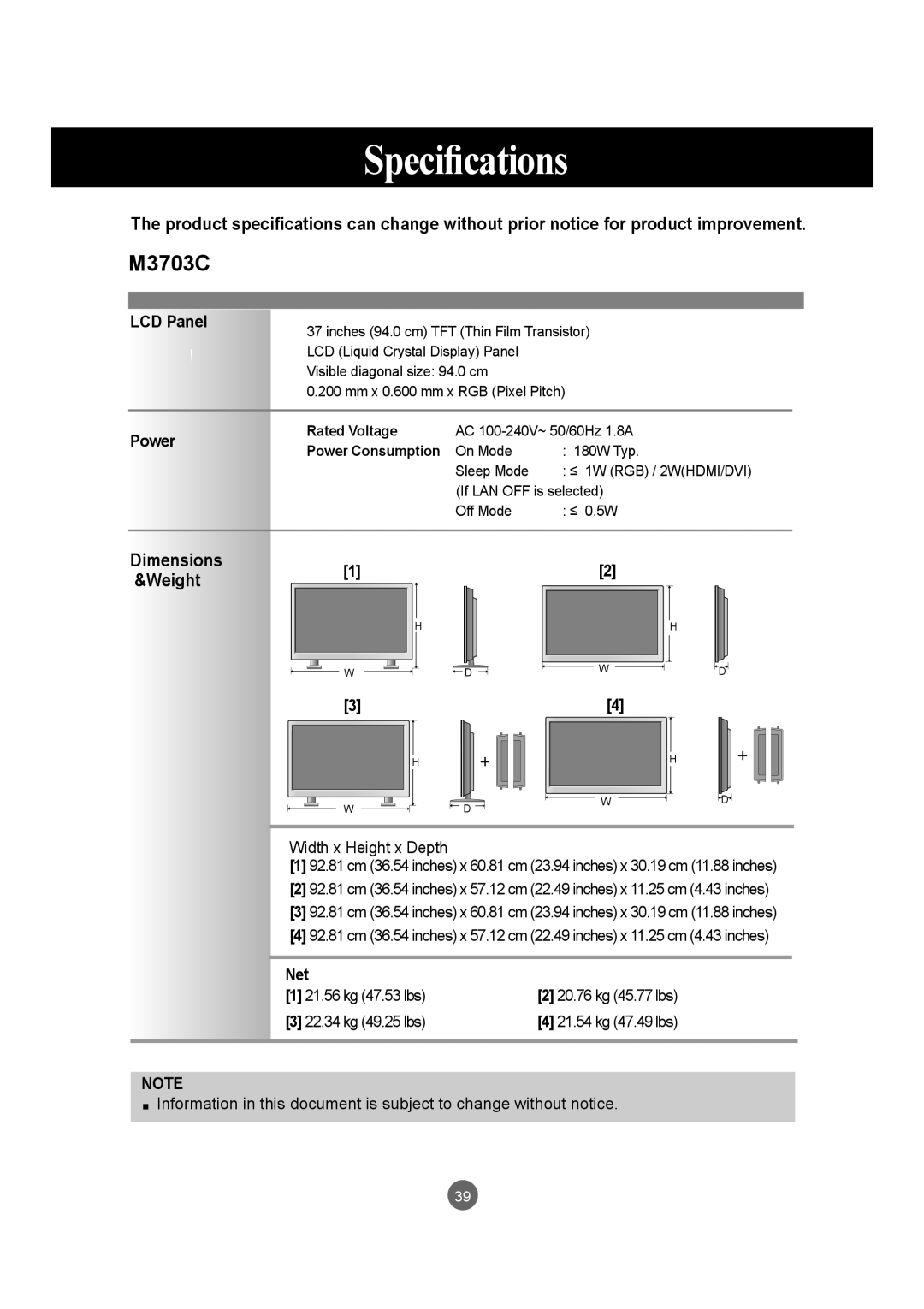 LG Electronics M3203C manual M3703C 