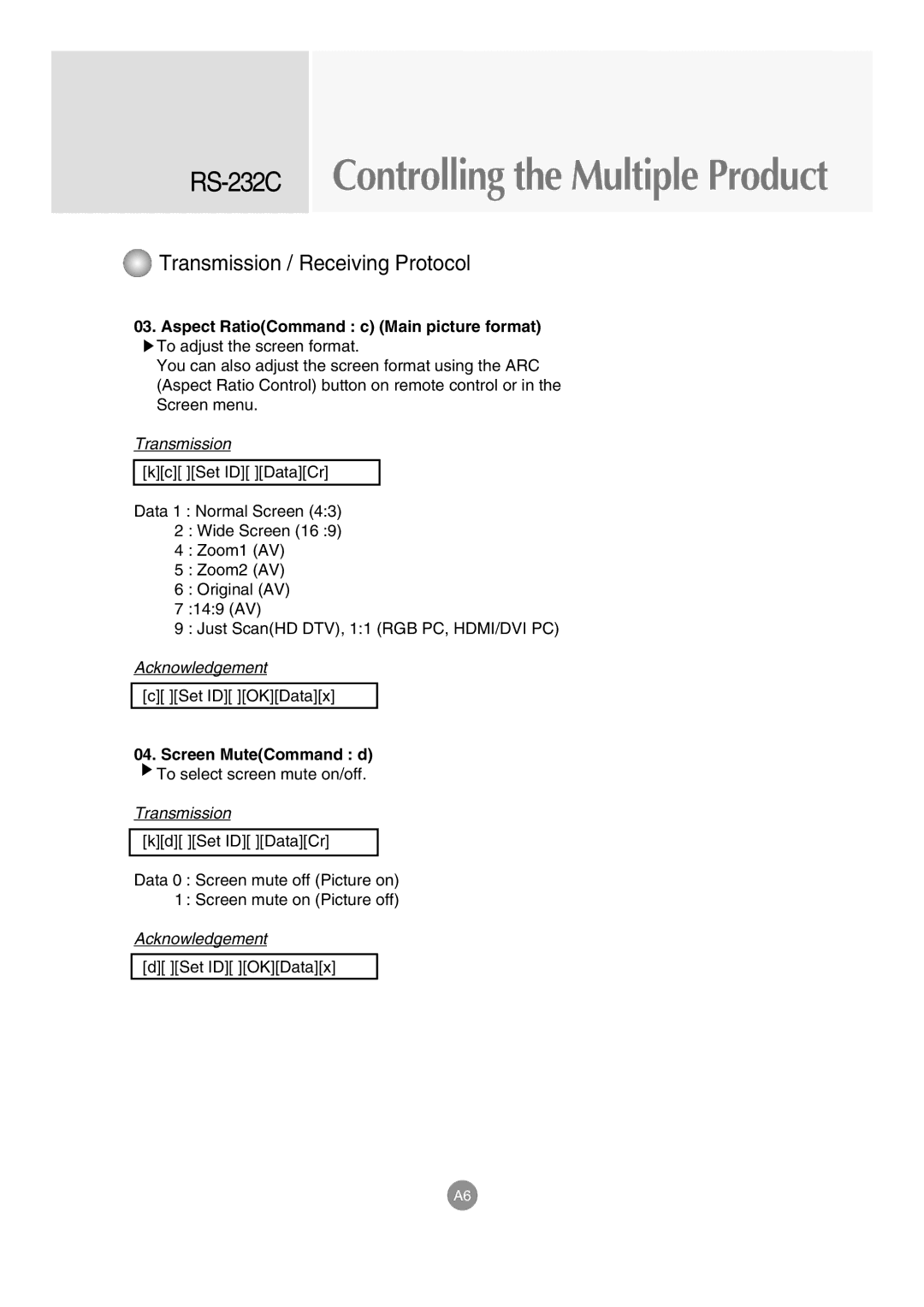 LG Electronics M3203C, M3703C manual Aspect RatioCommand c Main picture format, Screen MuteCommand d 