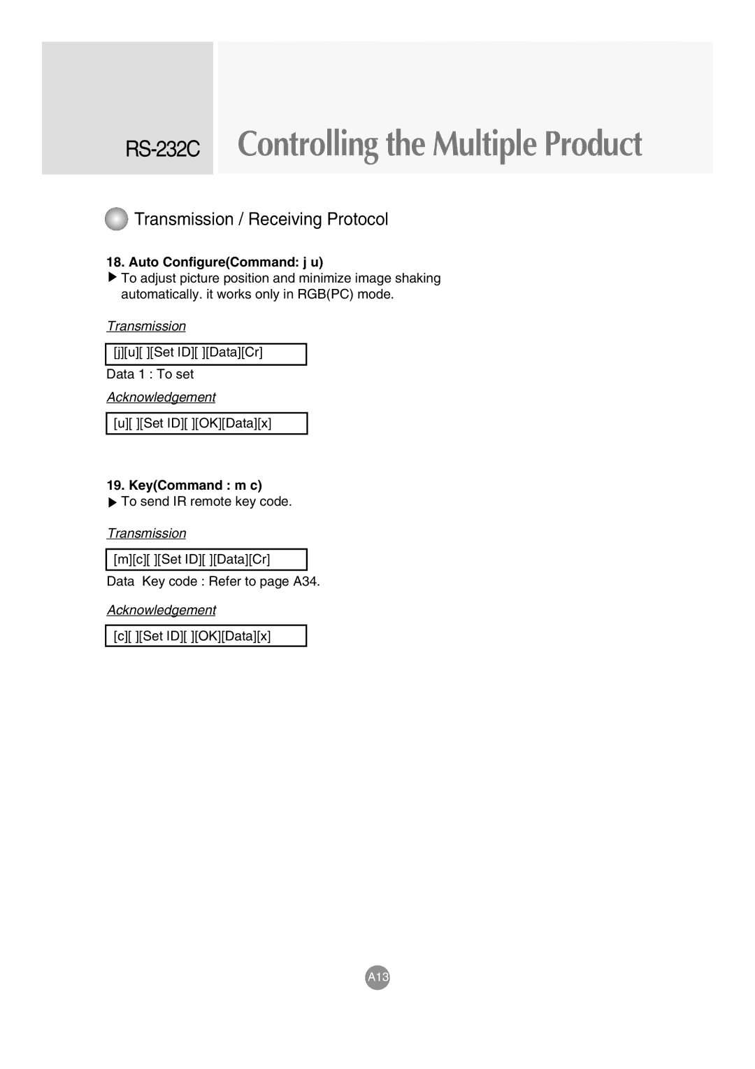 LG Electronics M3703C, M3203C manual Auto ConfigureCommand j u, KeyCommand m c 