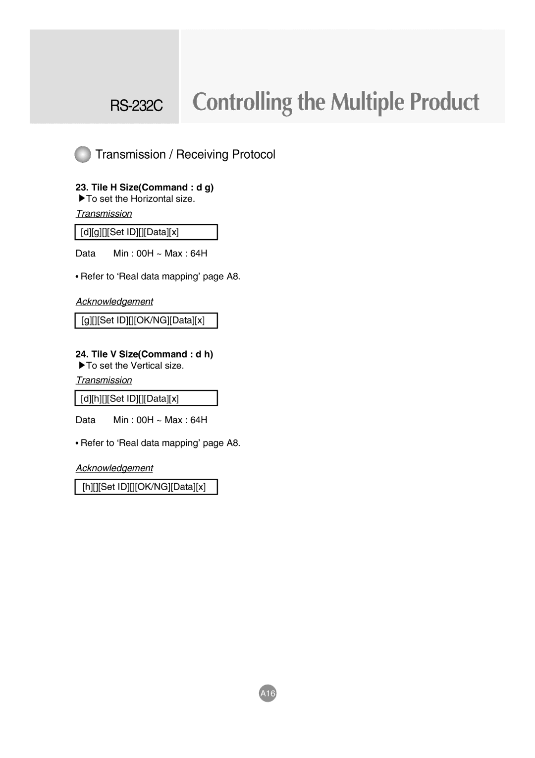 LG Electronics M3203C, M3703C manual Tile H SizeCommand d g, Tile V SizeCommand d h 