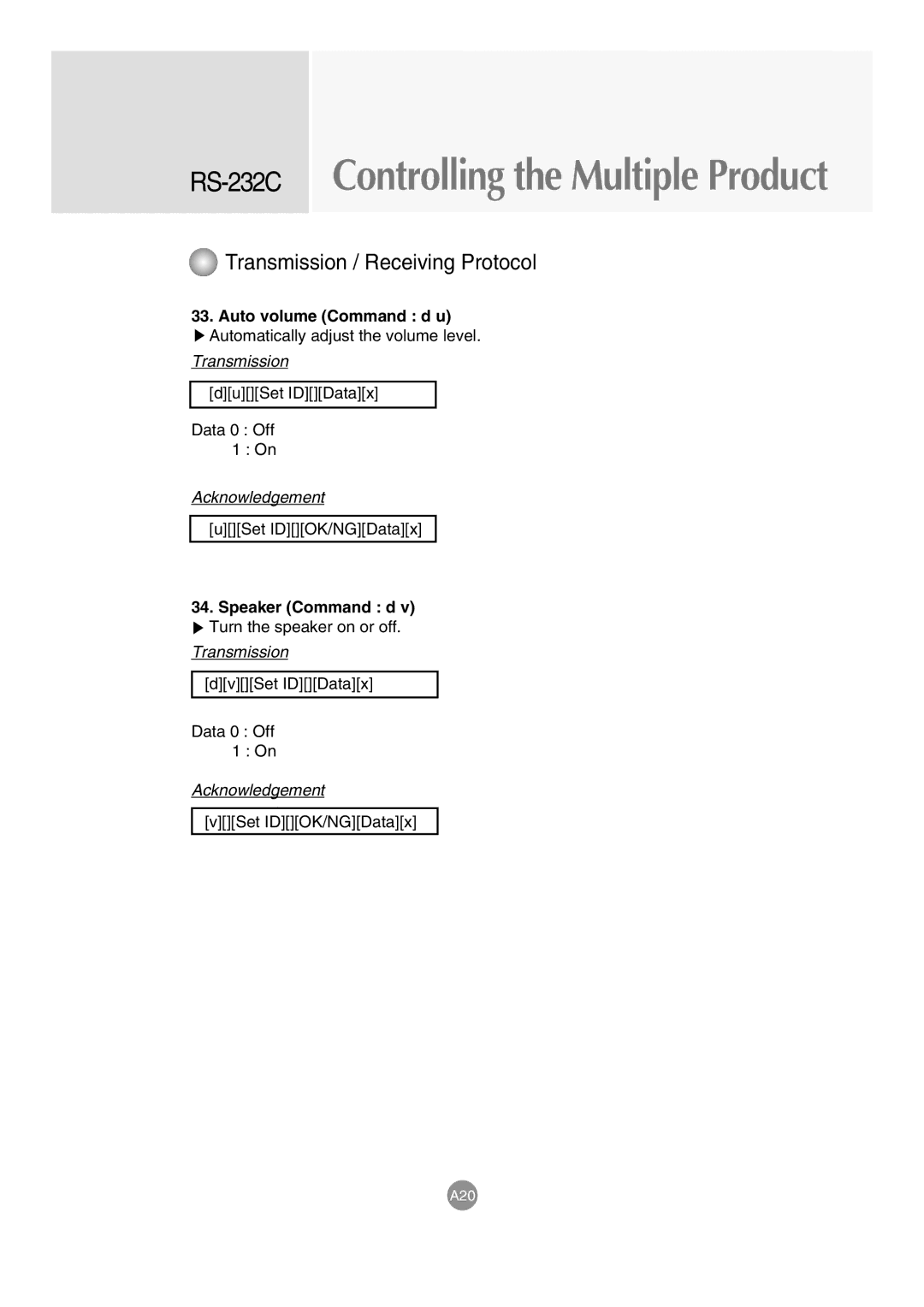 LG Electronics M3203C, M3703C manual Auto volume Command d u, Speaker Command d 