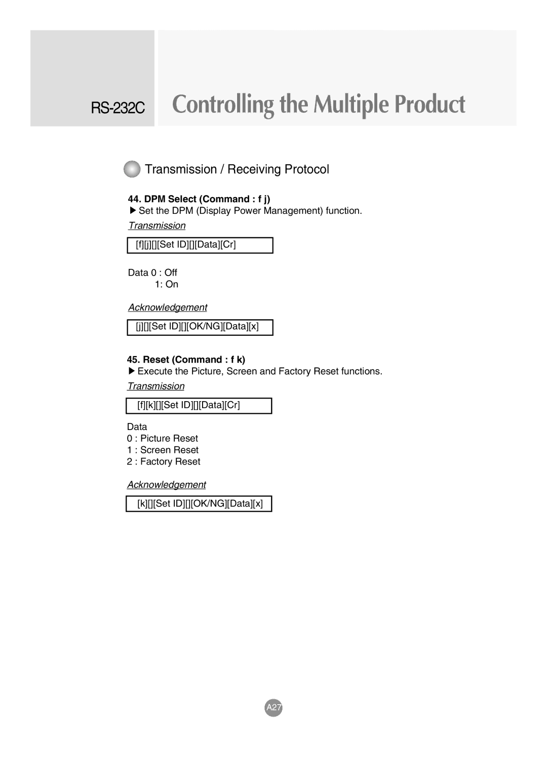 LG Electronics M3703C, M3203C manual DPM Select Command f j, Reset Command f k 