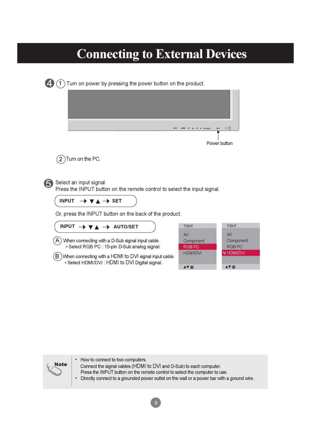 LG Electronics M3703C, M3203C manual Connecting to External Devices, Input SET 