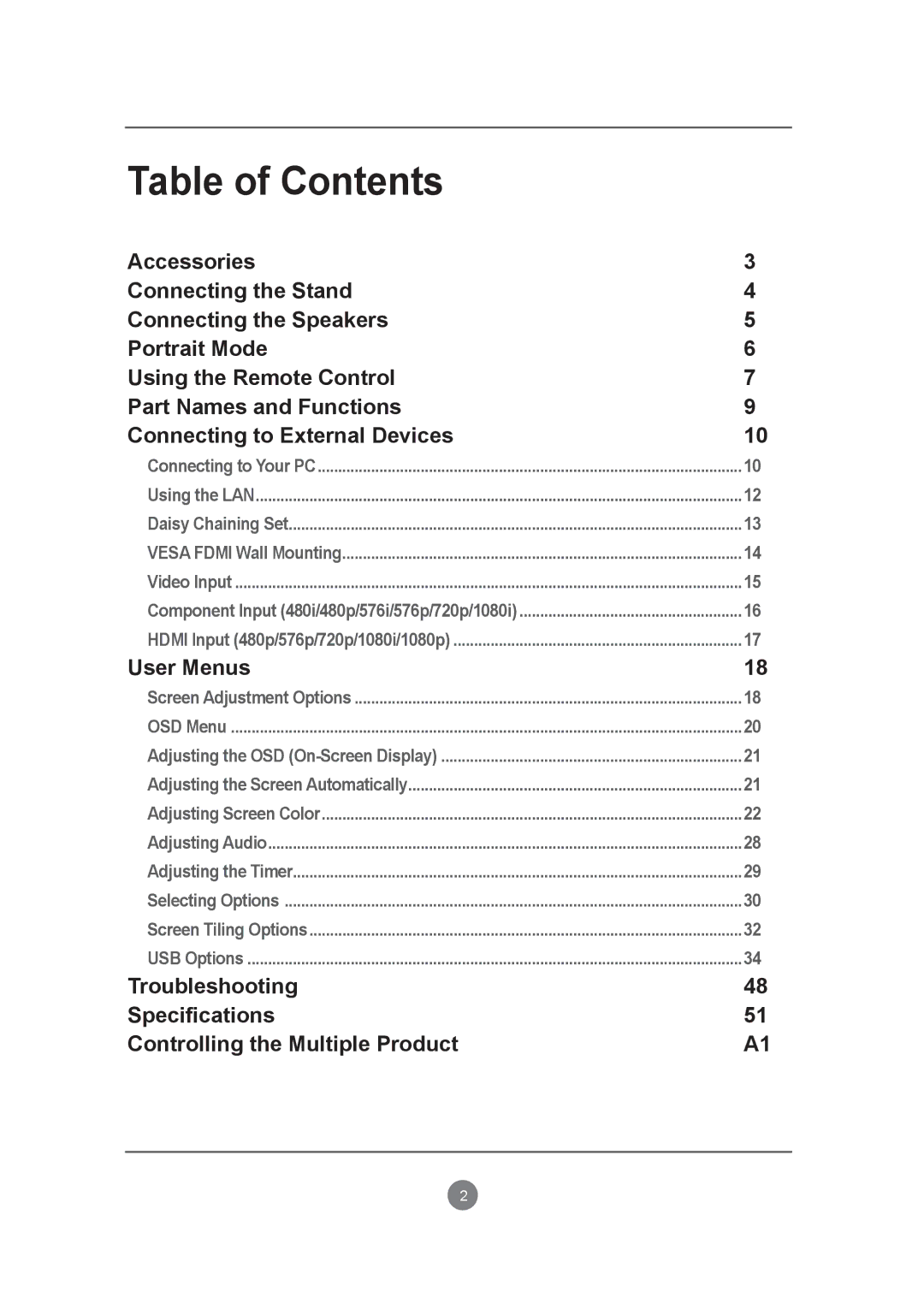 LG Electronics M3204C owner manual Table of Contents 