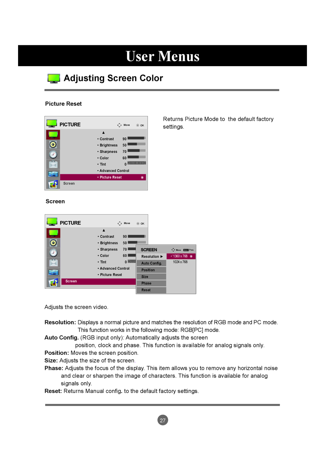 LG Electronics M3204C owner manual Picture Reset Returns Picture Mode to the default factory, Settings, Screen 