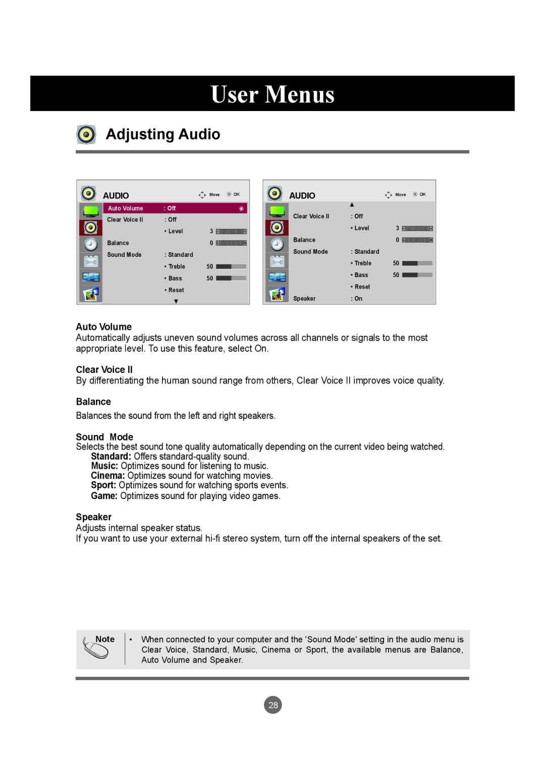 LG Electronics M3204C owner manual Adjusting Audio 