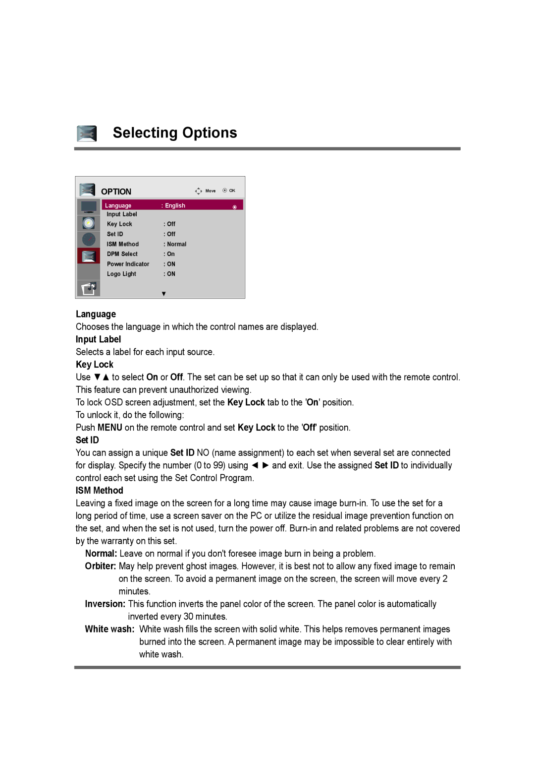 LG Electronics M3204C owner manual Selecting Options 