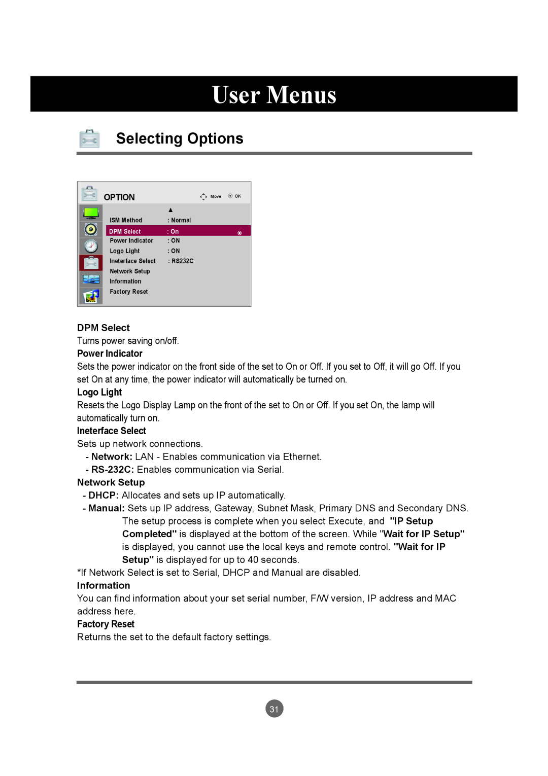 LG Electronics M3204C owner manual DPM Select, Power Indicator, Logo Light, Ineterface Select, Network Setup, Information 