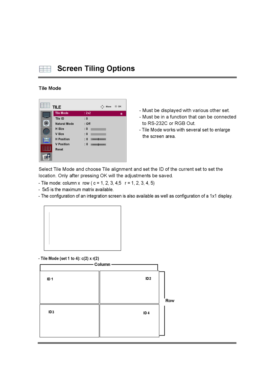 LG Electronics M3204C owner manual Screen Tiling Options, Tile Mode 