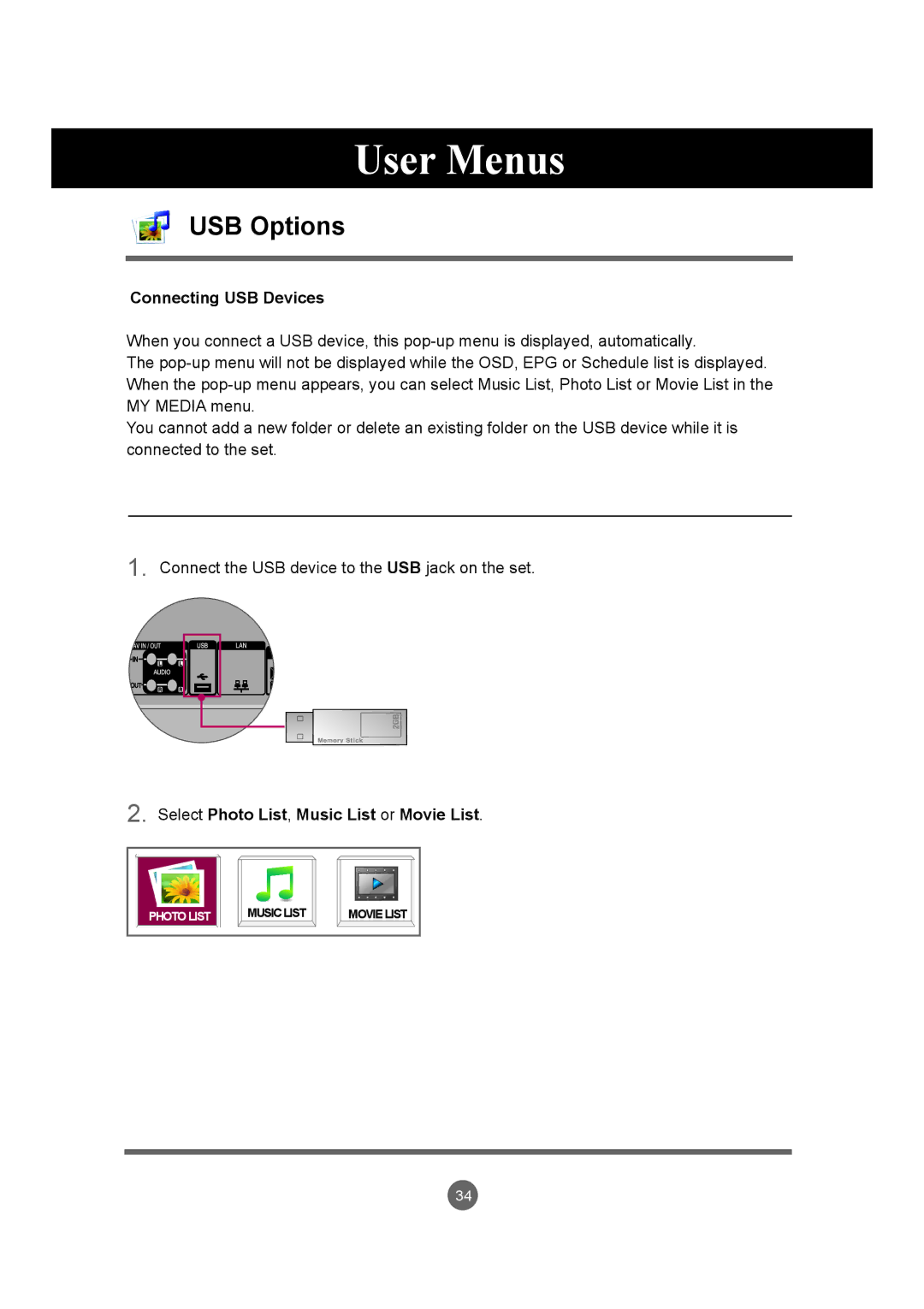 LG Electronics M3204C owner manual USB Options, Connecting USB Devices, Select Photo List, Music List or Movie List 