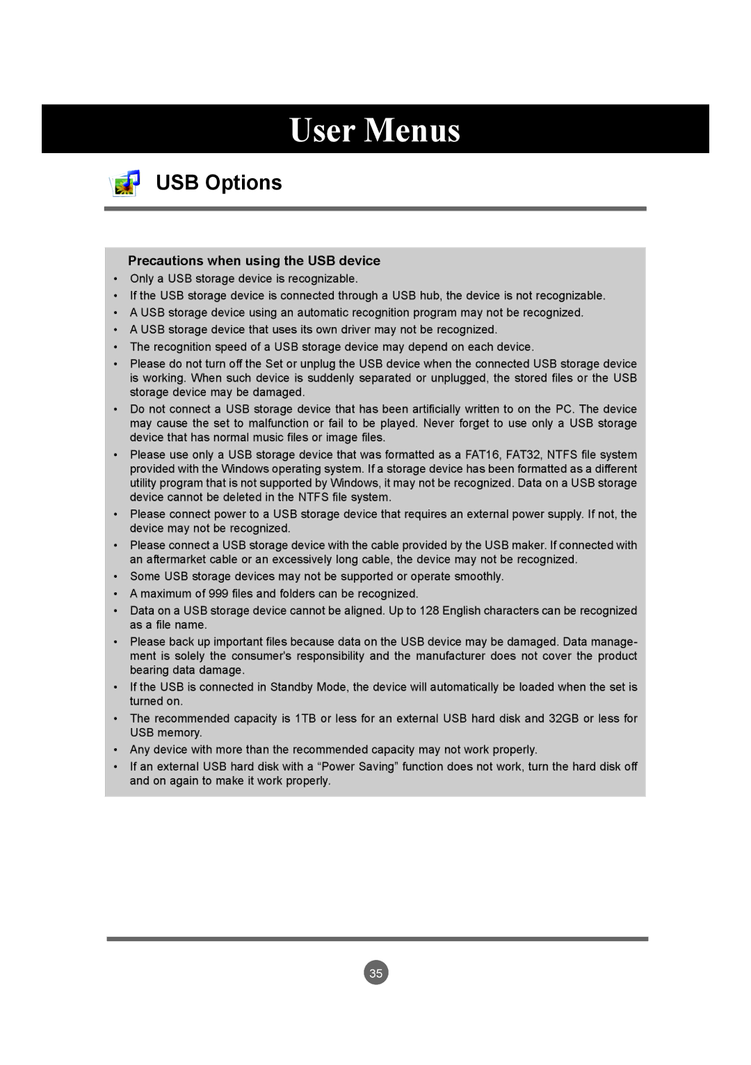 LG Electronics M3204C owner manual Precautions when using the USB device 