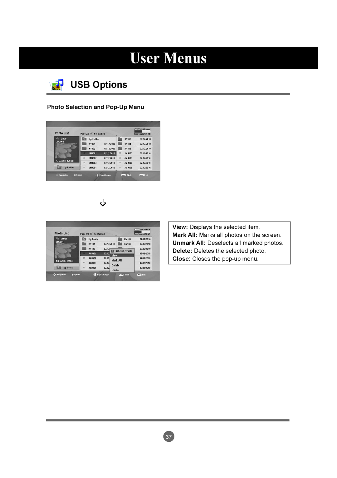 LG Electronics M3204C owner manual Photo Selection and Pop-Up Menu, Photo List 