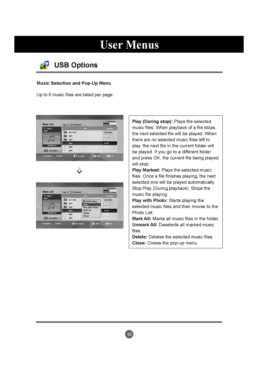 LG Electronics M3204C owner manual Music Selection and Pop-Up Menu, Up to 6 music files are listed per 