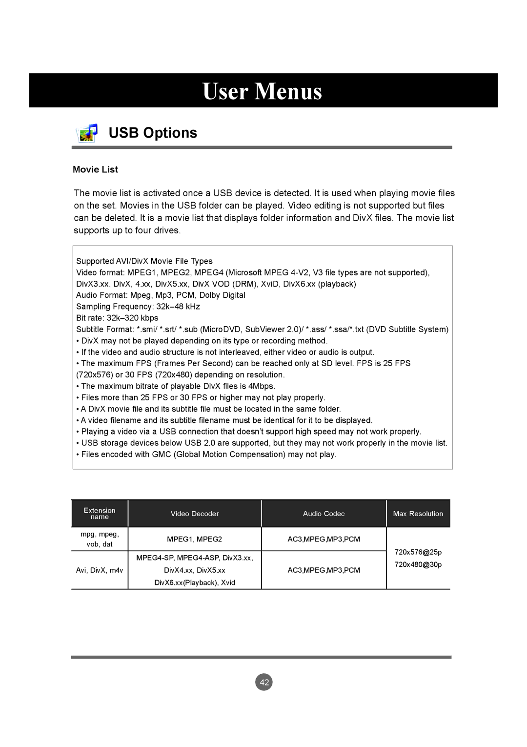 LG Electronics M3204C owner manual Movie List, MPEG1, MPEG2 AC3,MPEG,MP3,PCM 