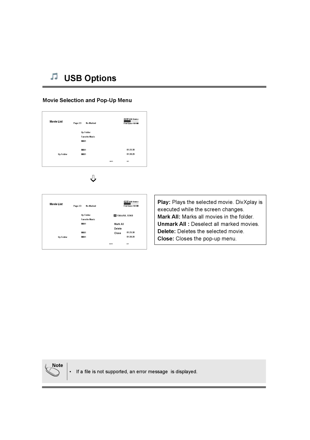 LG Electronics M3204C owner manual Movie Selection and Pop-Up Menu, Movie List 