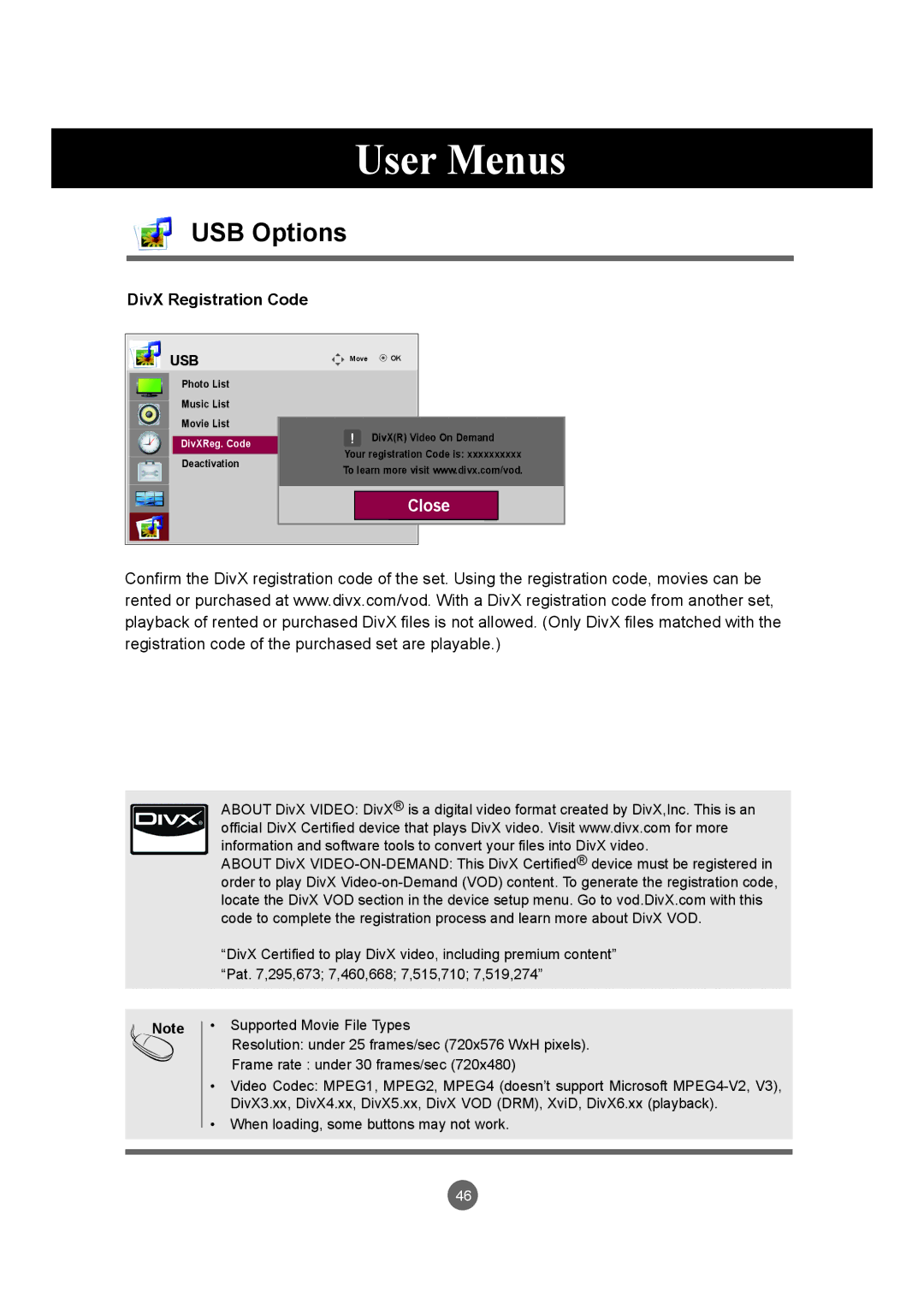 LG Electronics M3204C owner manual Close, DivX Registration Code 