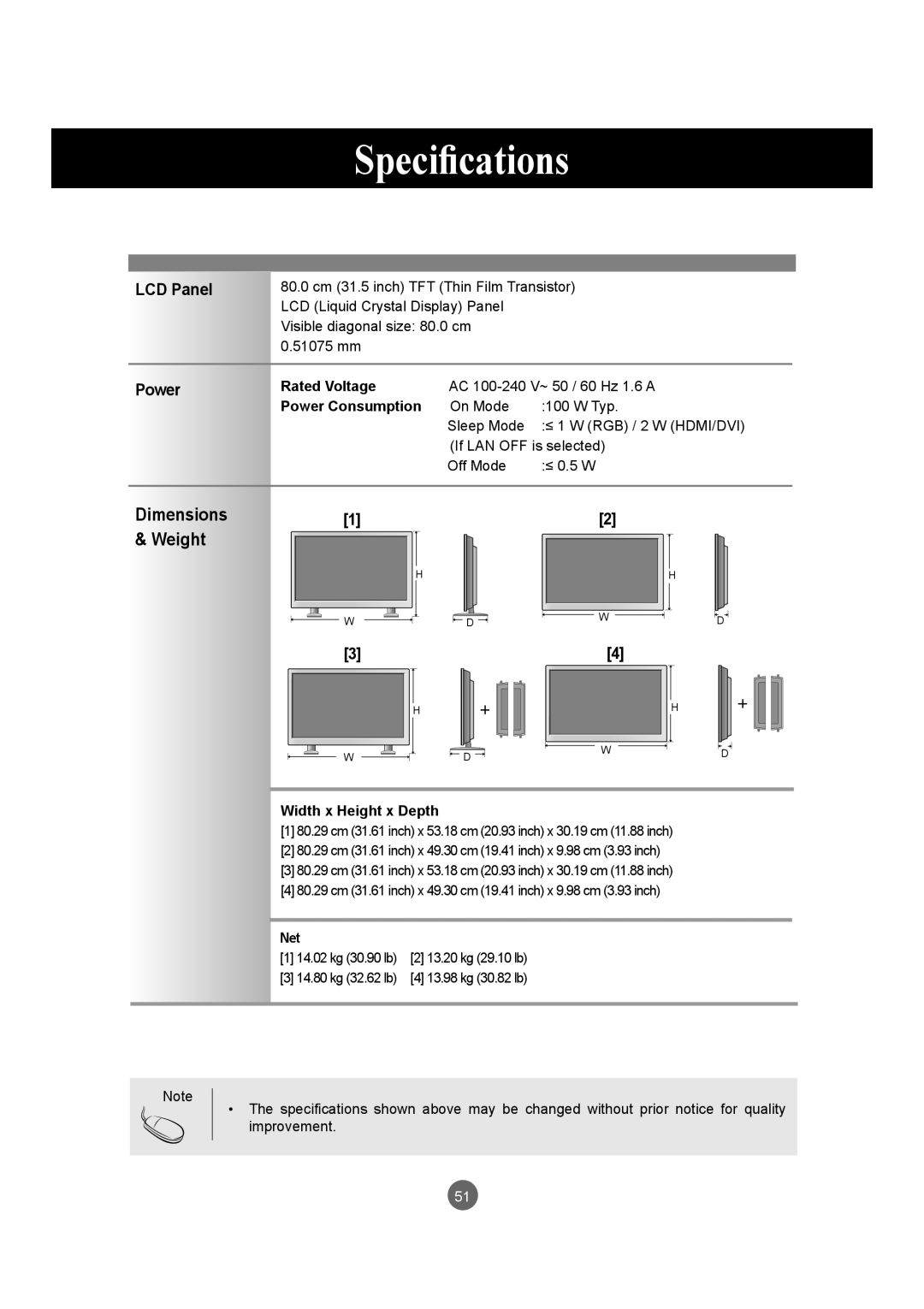 LG Electronics M3204C owner manual Specifications, LCD Panel, Power 