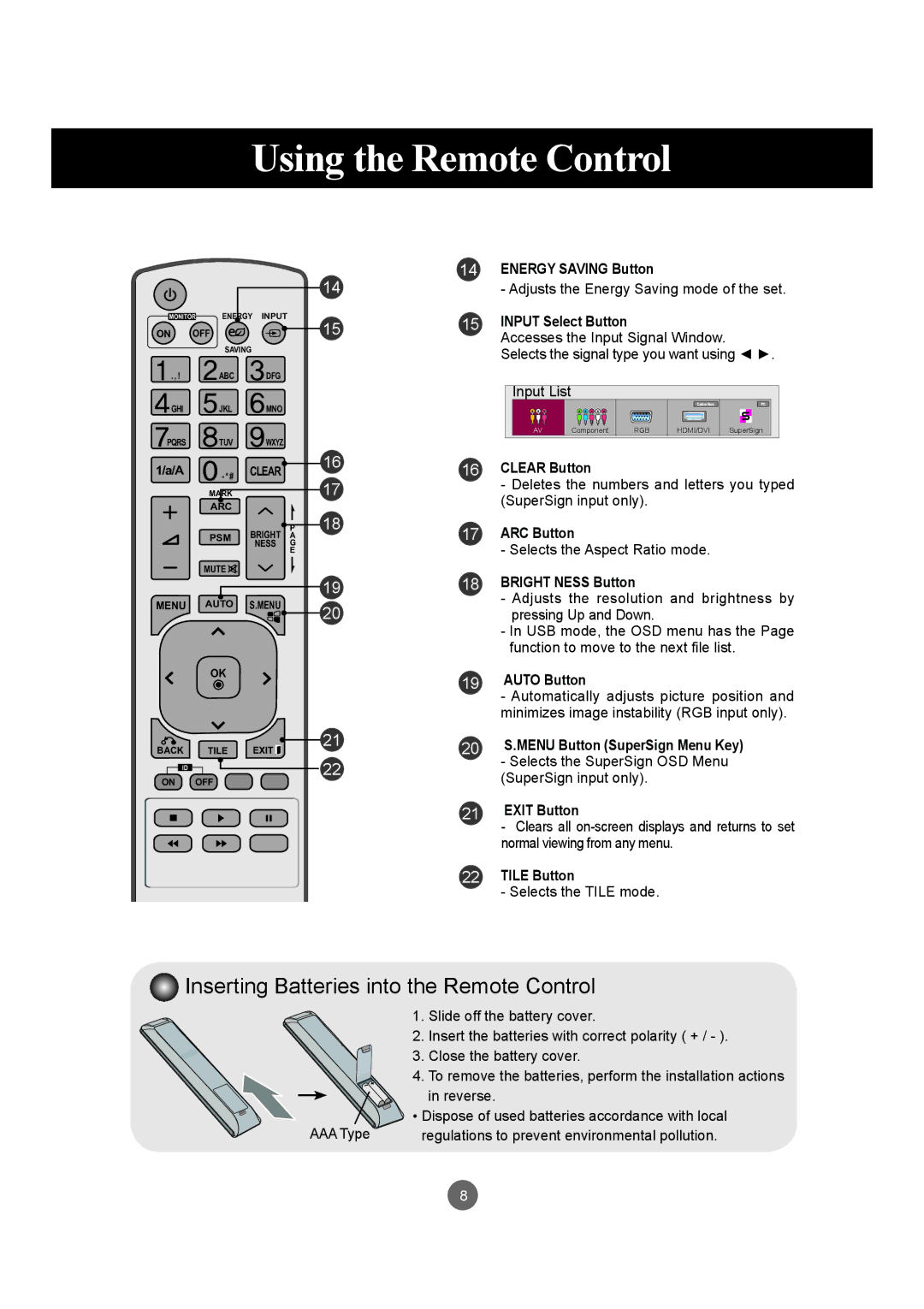 LG Electronics M3204C owner manual Using the Remote Control 