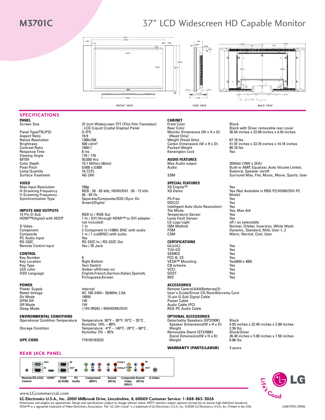 LG Electronics M3701C manual Specifications, Rear Jack Panel 