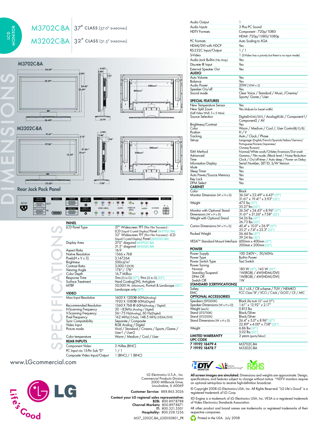 LG Electronics M3702C-BA warranty Audio, Special Features, Cabinet, Panel, Video, Rear Inputs, Power, Optional Accessories 