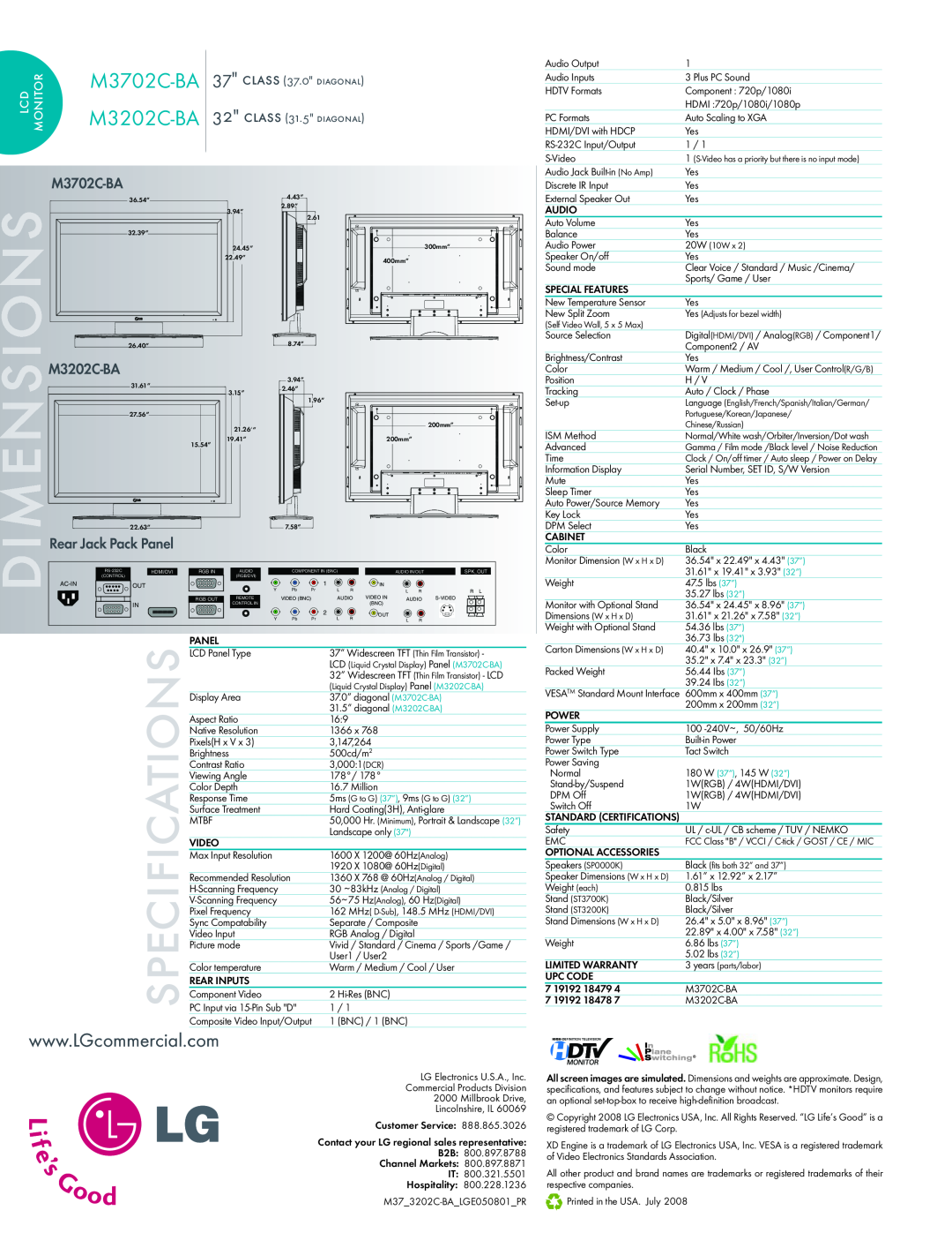 LG Electronics M3702C-BA monitor, class 37.0 diagonal, class 31.5 diagonal, specifications, M3202C-BA, Rear Jack PackPanel 