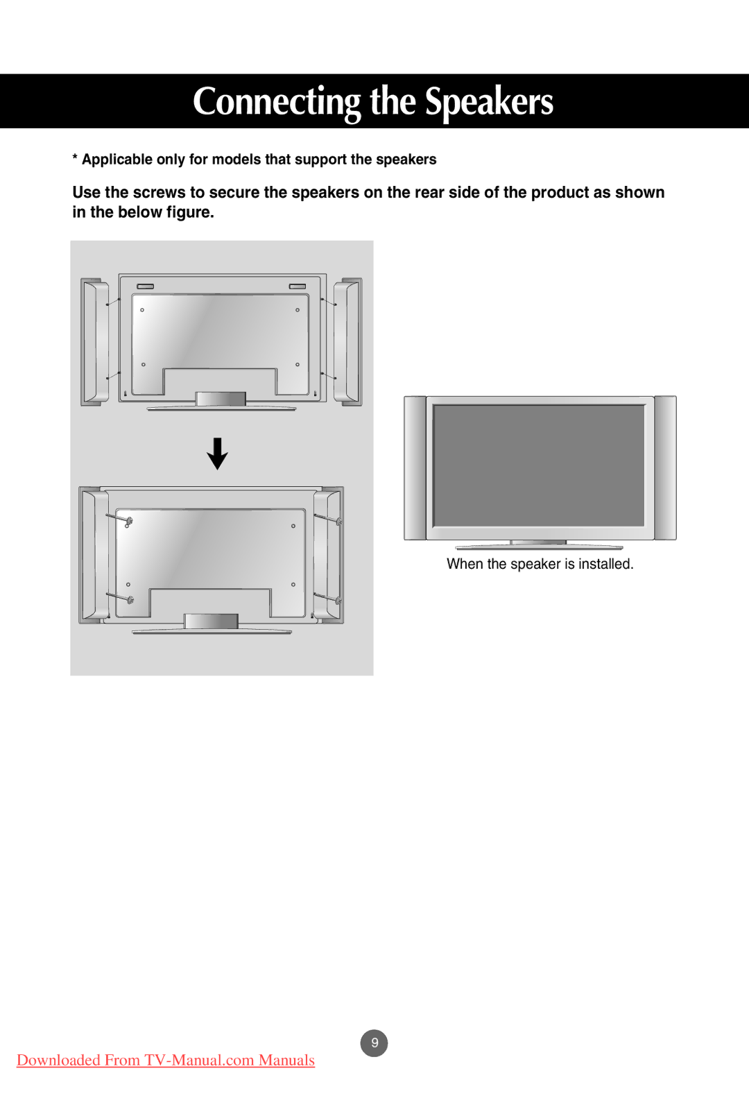 LG Electronics M3701C, M4201C, M3201C manual Connecting the Speakers, Applicable only for models that support the speakers 