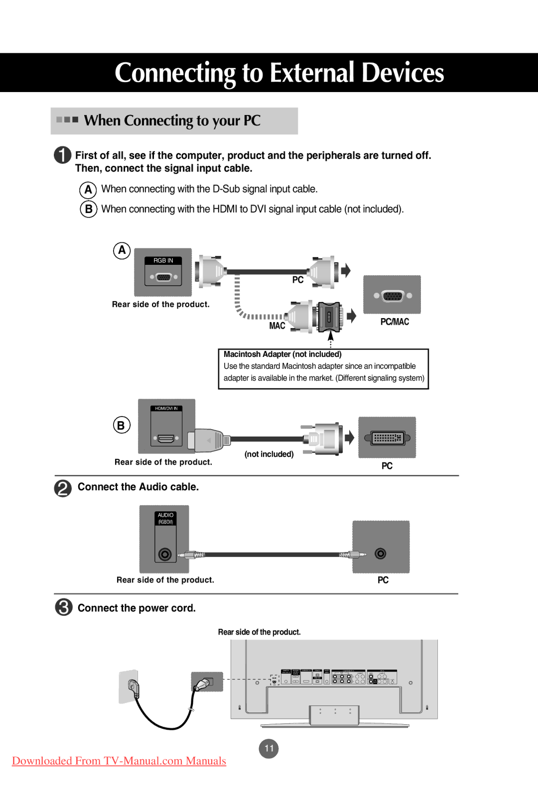 LG Electronics M4201C, M3701C, M3201C manual Connecting to External Devices, Connect the Audio cable, Connect the power cord 