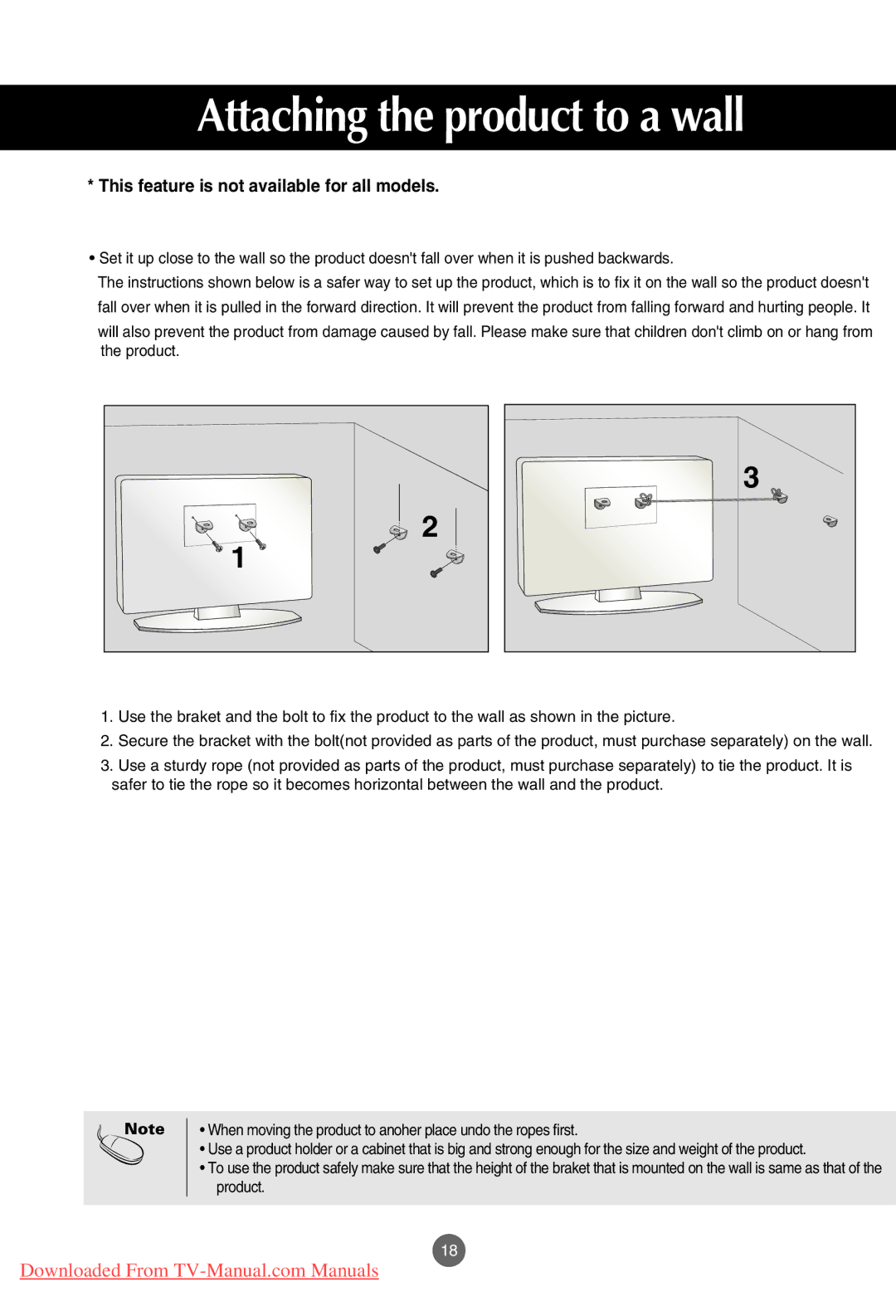 LG Electronics M3701C, M4201C, M3201C manual Attaching the product to a wall, This feature is not available for all models 