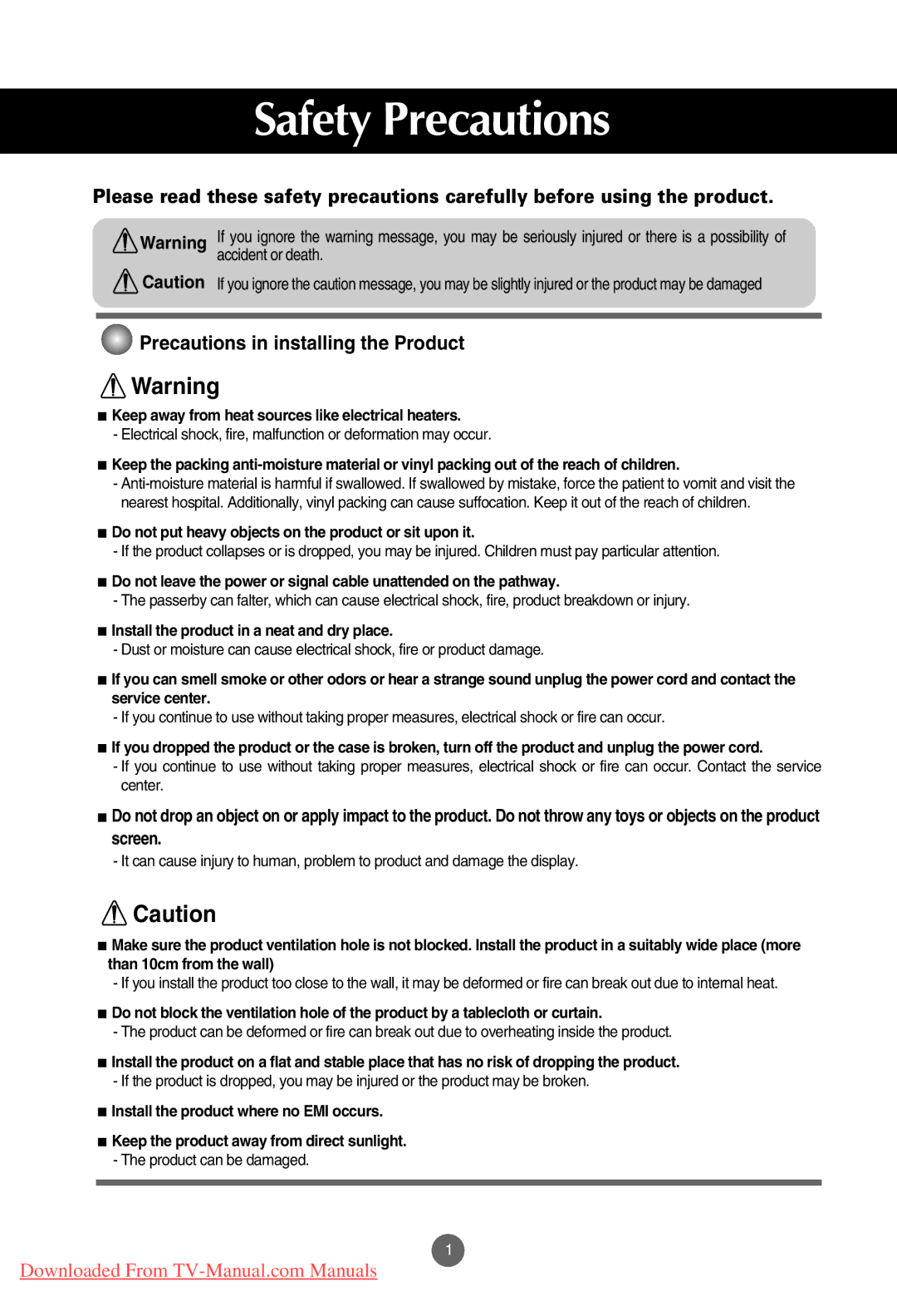 LG Electronics M3201C, M4201C, M3701C manual Safety Precautions, Keep away from heat sources like electrical heaters 