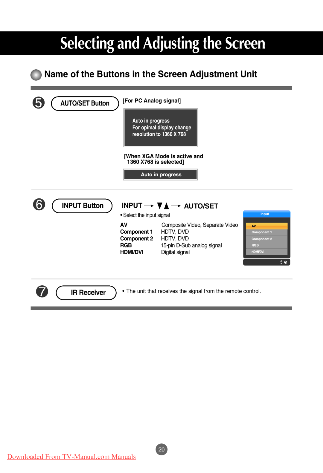 LG Electronics M4201C, M3701C, M3201C manual When XGA Mode is active and 1360 X768 is selected, Component 