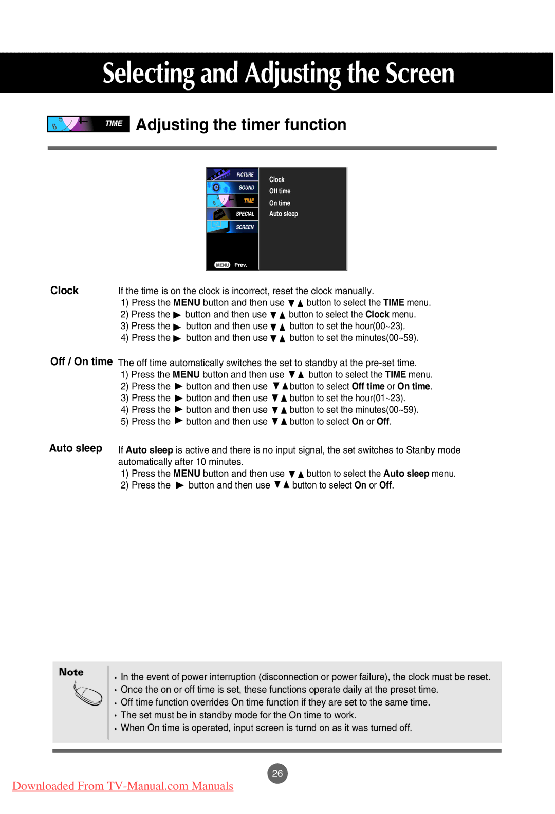 LG Electronics M4201C, M3701C, M3201C manual Adjusting the timer function, Clock, Off / On time Auto sleep 