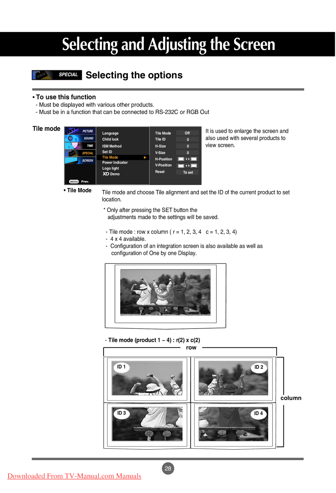 LG Electronics M3201C, M4201C, M3701C manual To use this function, Tile Mode, Tile mode product 1 ~ 4 r2 x c2 Row Column 