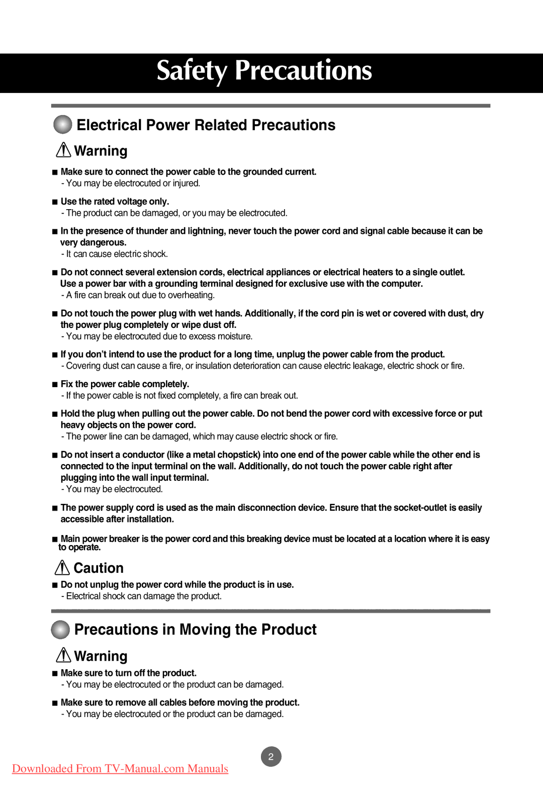 LG Electronics M4201C, M3701C, M3201C manual Electrical Power Related Precautions, Precautions in Moving the Product 