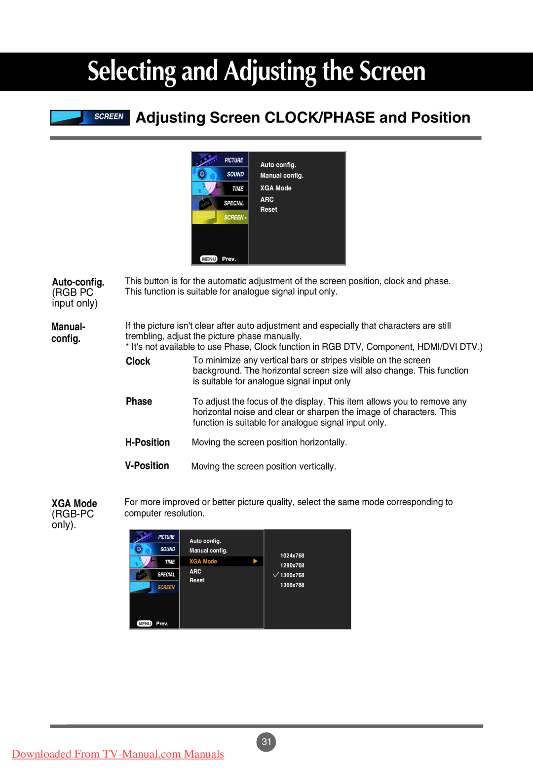 LG Electronics M3201C, M4201C manual Adjusting Screen CLOCK/PHASE and Position, Auto-config, Phase, XGA Mode, Manual- config 
