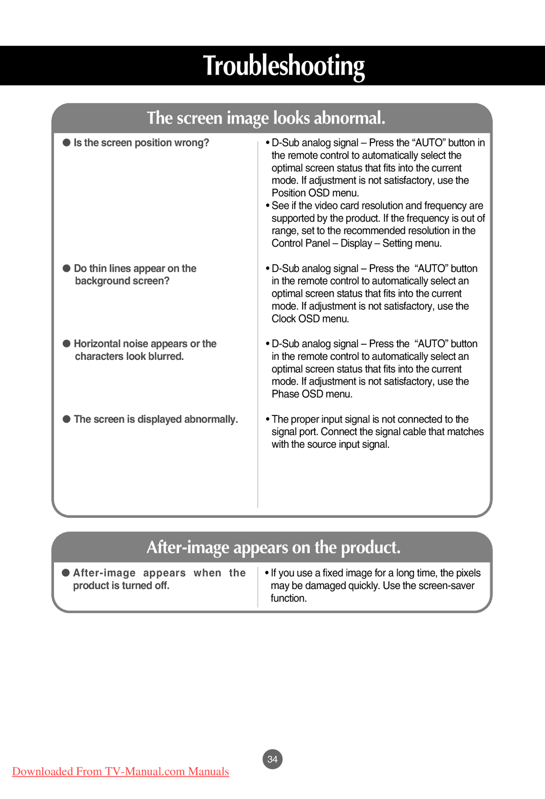 LG Electronics M3201C, M4201C, M3701C manual Screen image looks abnormal 