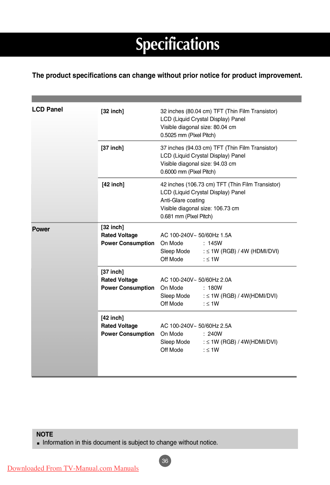 LG Electronics M3701C, M4201C, M3201C manual Specifications, LCD Panel, Power, Inch Rated Voltage 