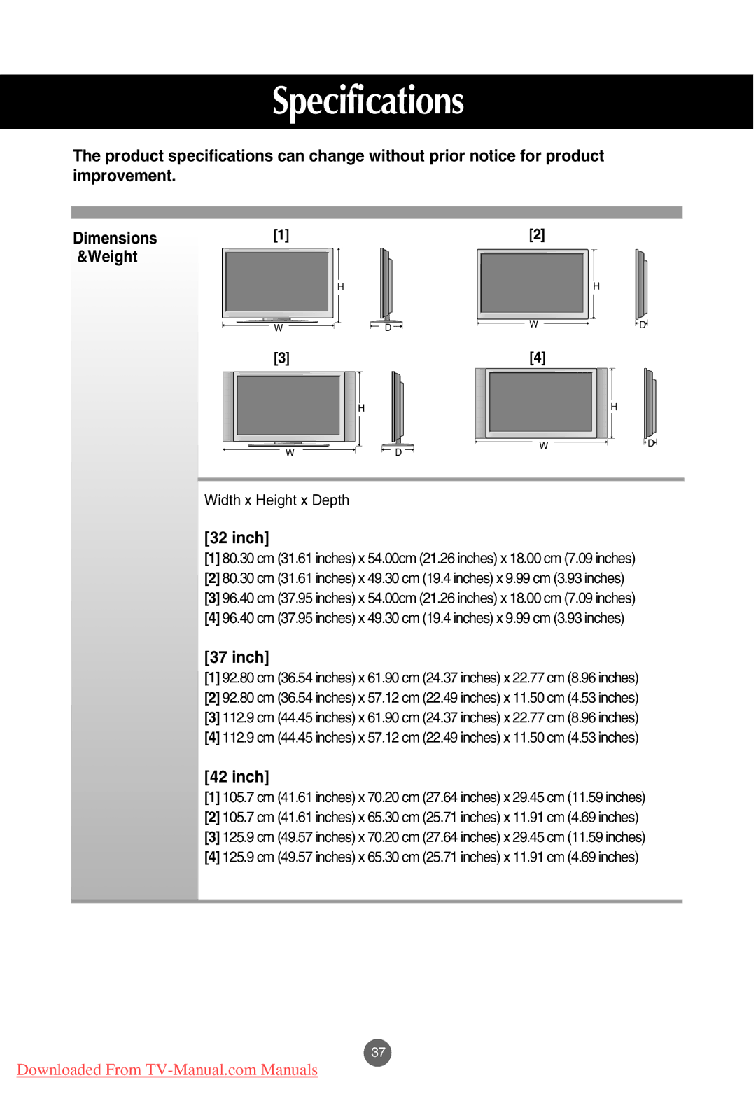 LG Electronics M3201C, M4201C, M3701C manual Inch 