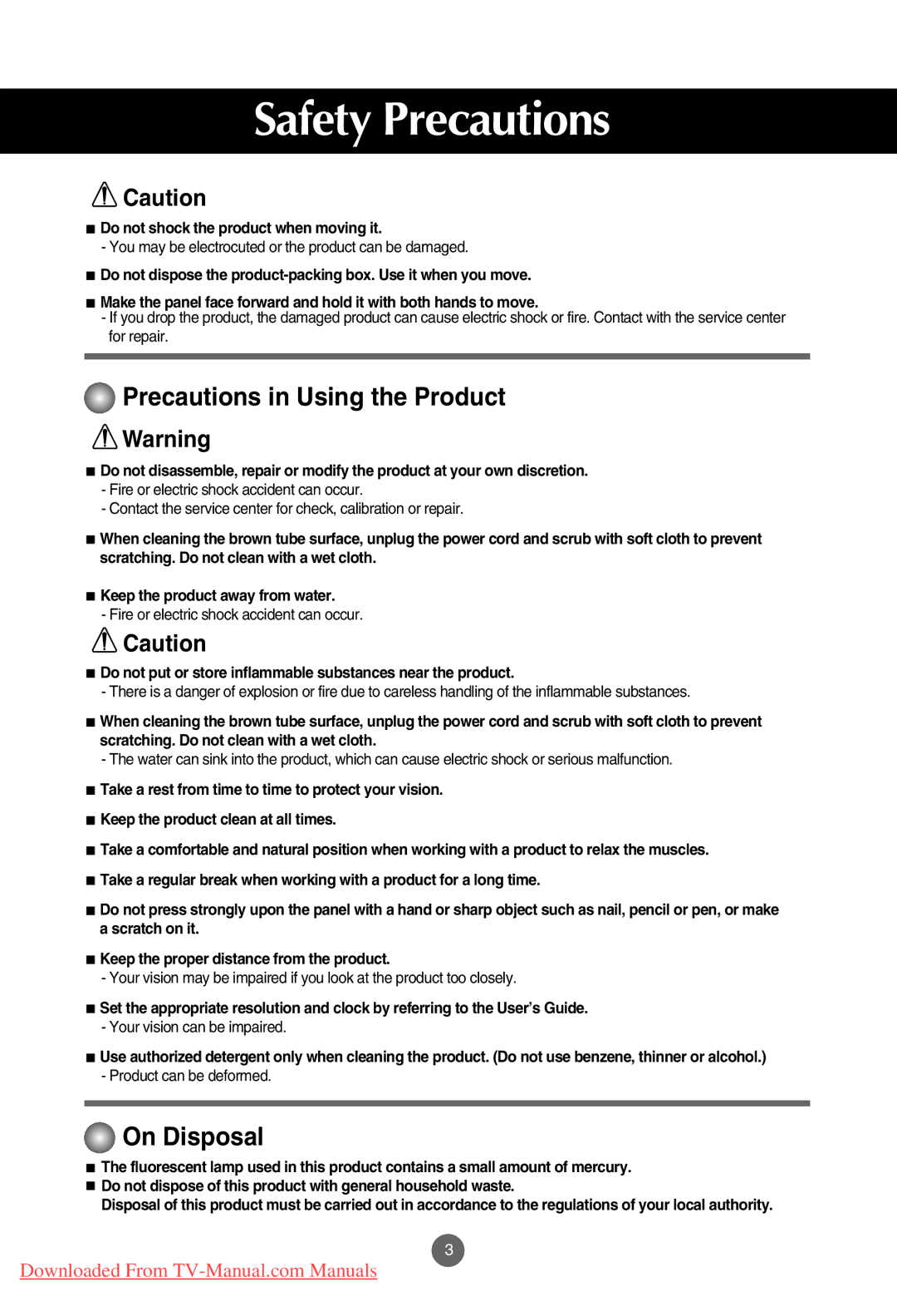 LG Electronics M3701C, M4201C manual Precautions in Using the Product, On Disposal, Do not shock the product when moving it 