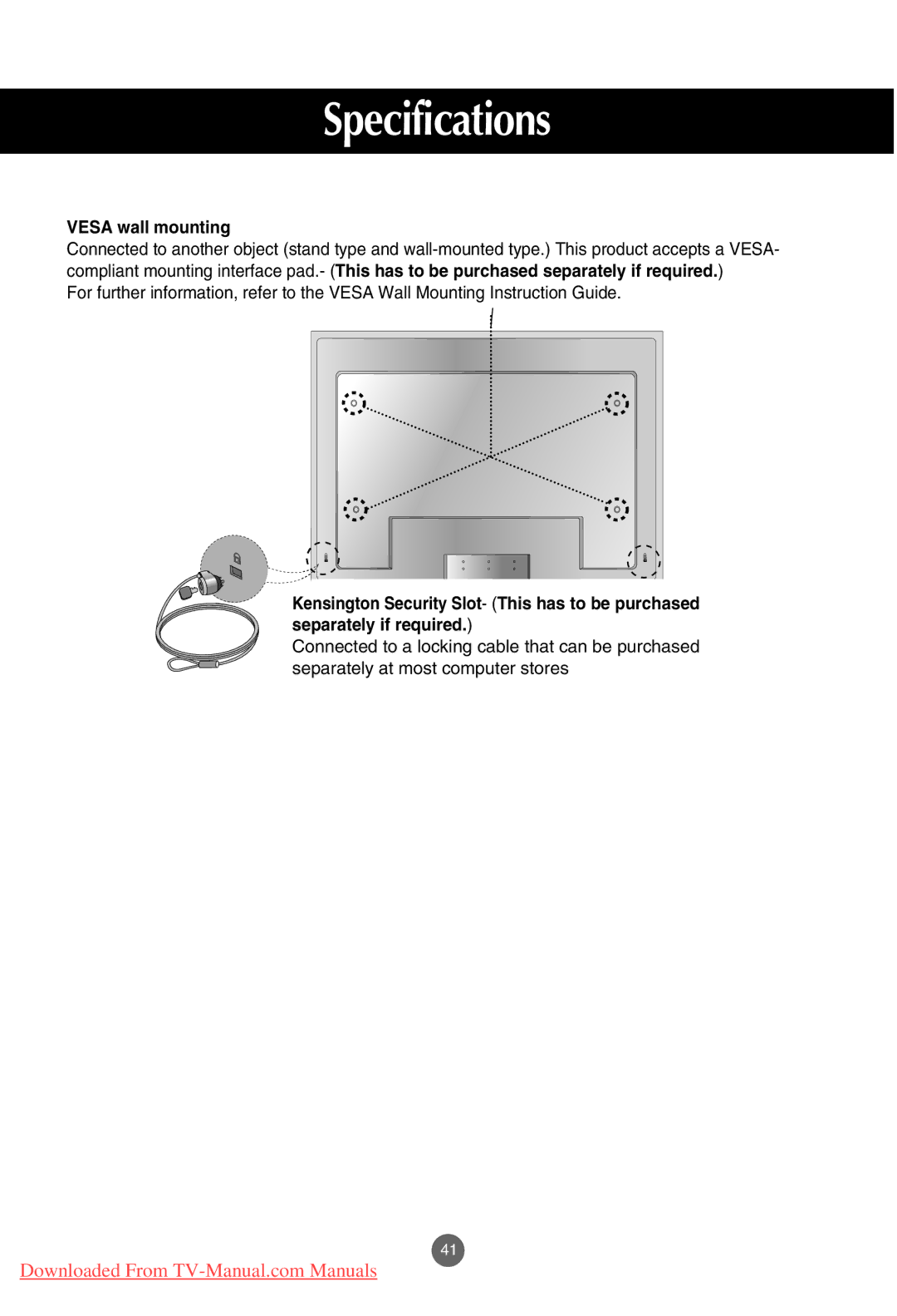 LG Electronics M4201C, M3701C, M3201C manual Vesa wall mounting 