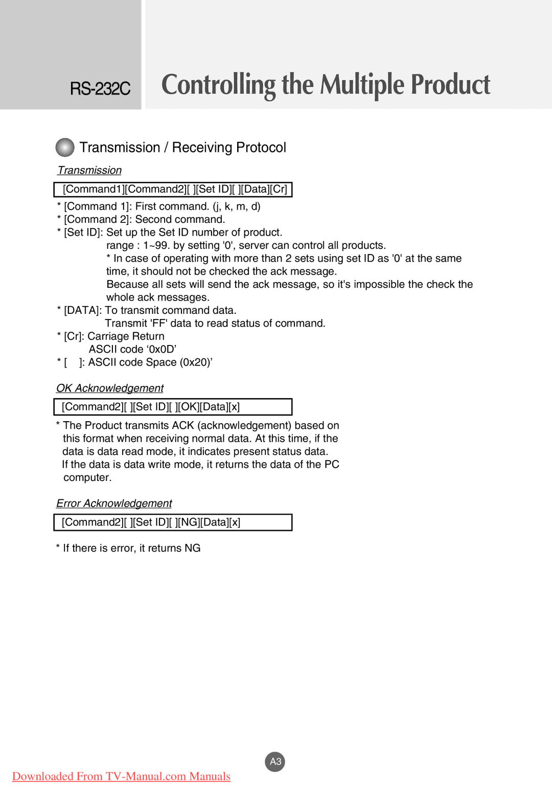 LG Electronics M4201C, M3701C, M3201C manual RS-232CControlling the Multiple Product 