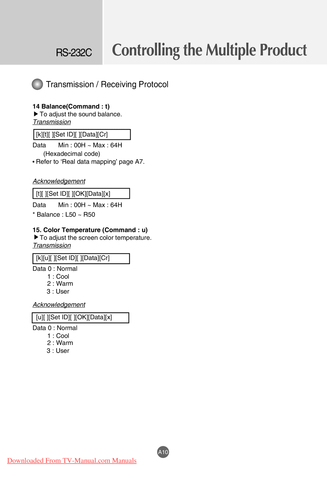 LG Electronics M3701C, M4201C, M3201C manual BalanceCommand t, Color Temperature Command u 