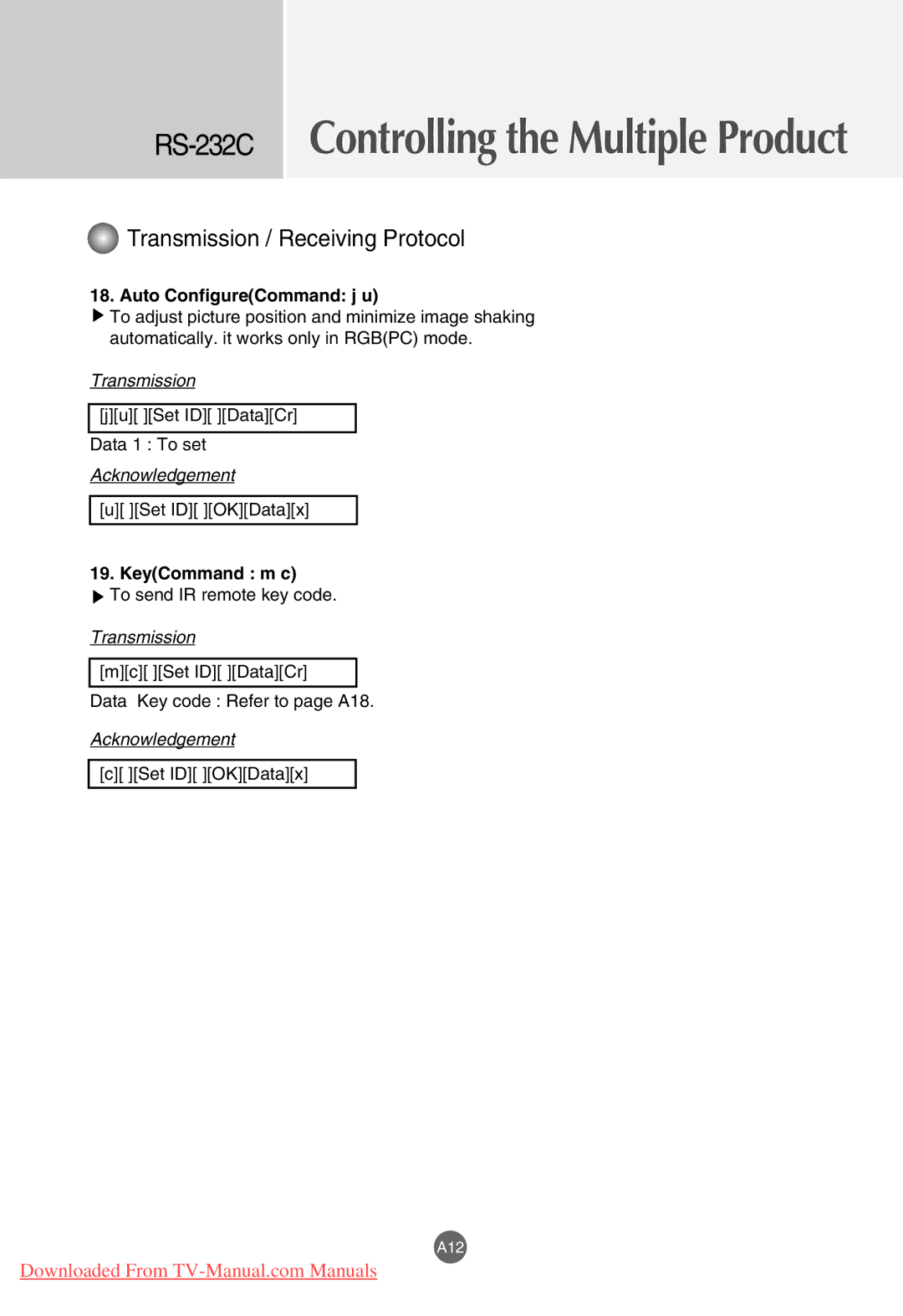 LG Electronics M4201C, M3701C, M3201C manual Auto ConfigureCommand j u, KeyCommand m c 