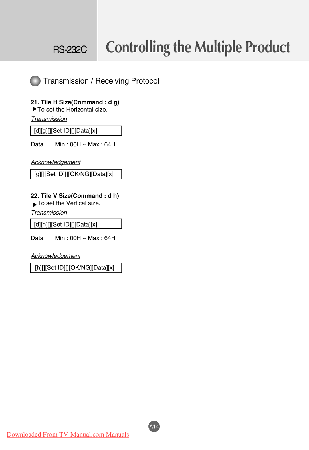 LG Electronics M3201C, M4201C, M3701C manual Tile H SizeCommand d g, Tile V SizeCommand d h 