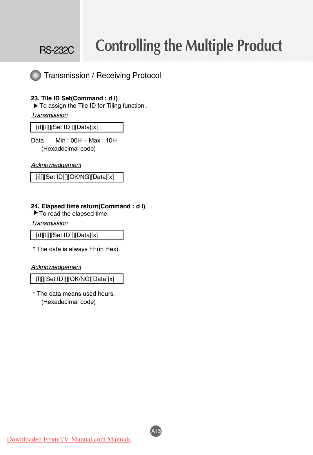 LG Electronics M4201C, M3701C, M3201C manual Tile ID SetCommand d, Elapsed time returnCommand d l 