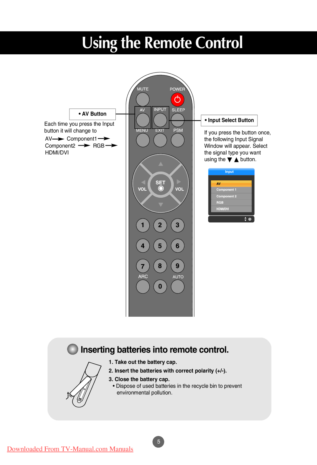 LG Electronics M4201C, M3701C, M3201C manual Inserting batteries into remote control 