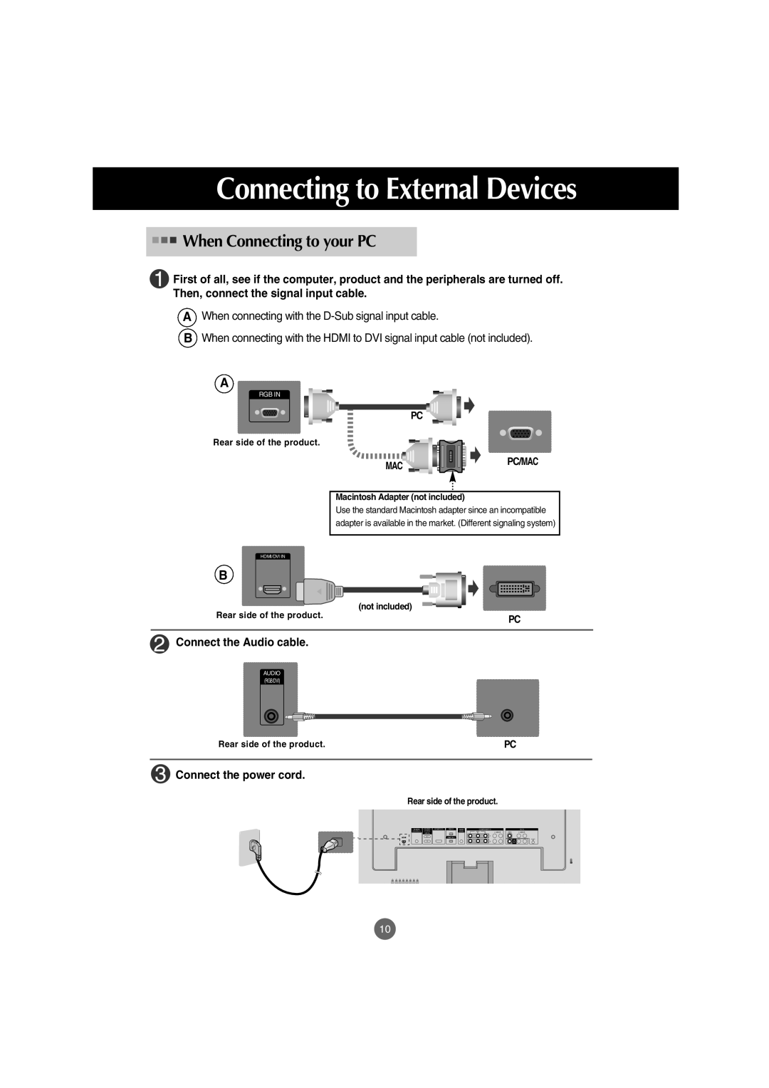 LG Electronics M4210C manual Connecting to External Devices, Connect the Audio cable, Connect the power cord 