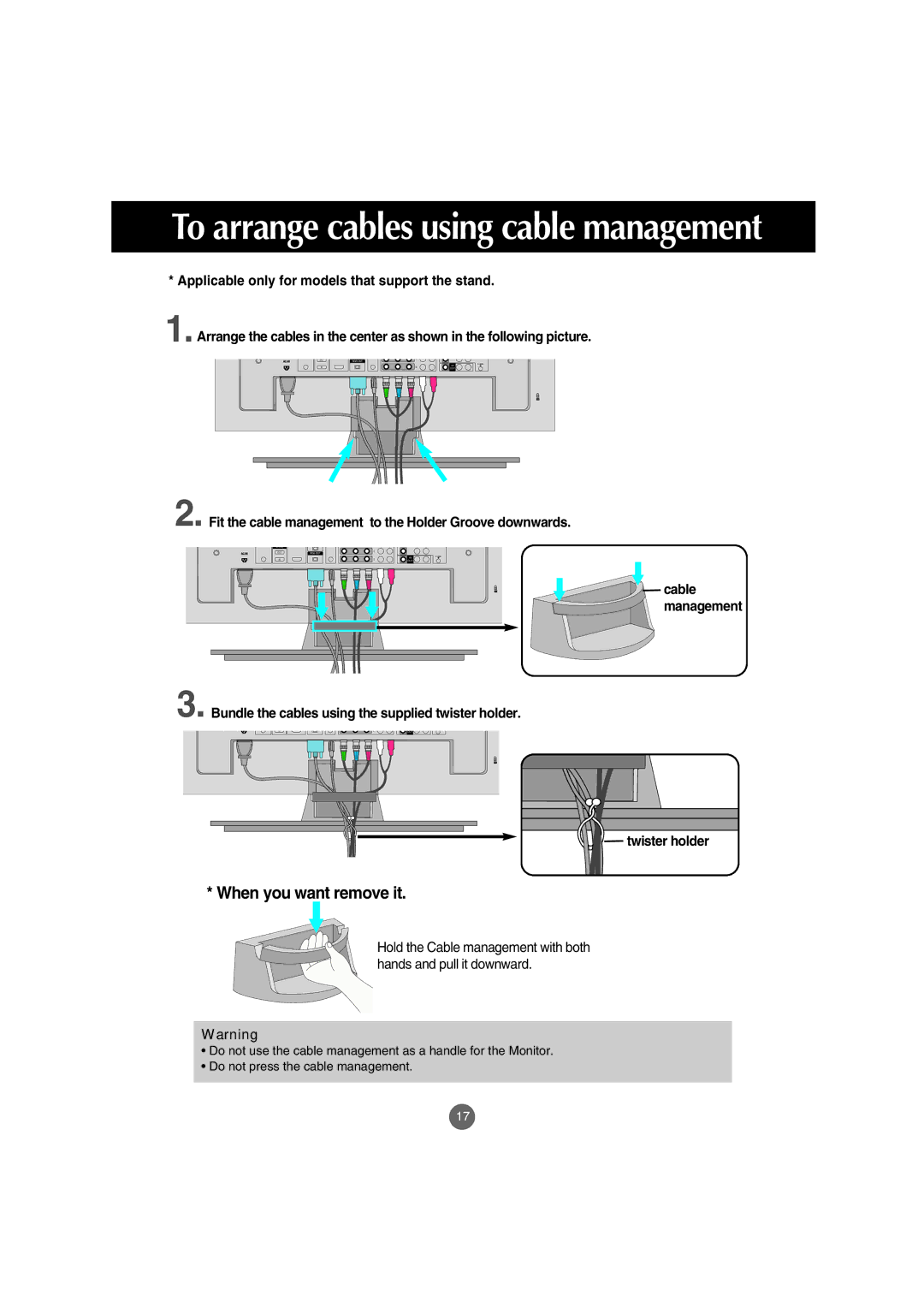 LG Electronics M4210C manual Fit the cable management to the Holder Groove downwards, Twister holder 