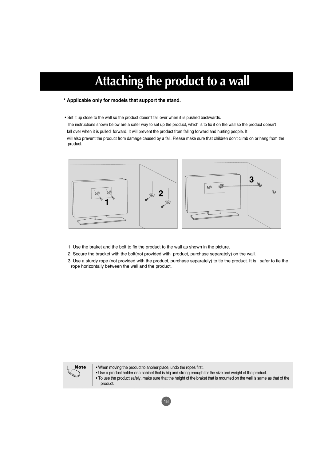 LG Electronics M4210C manual Attaching the product to a wall, Applicable only for models that support the stand 