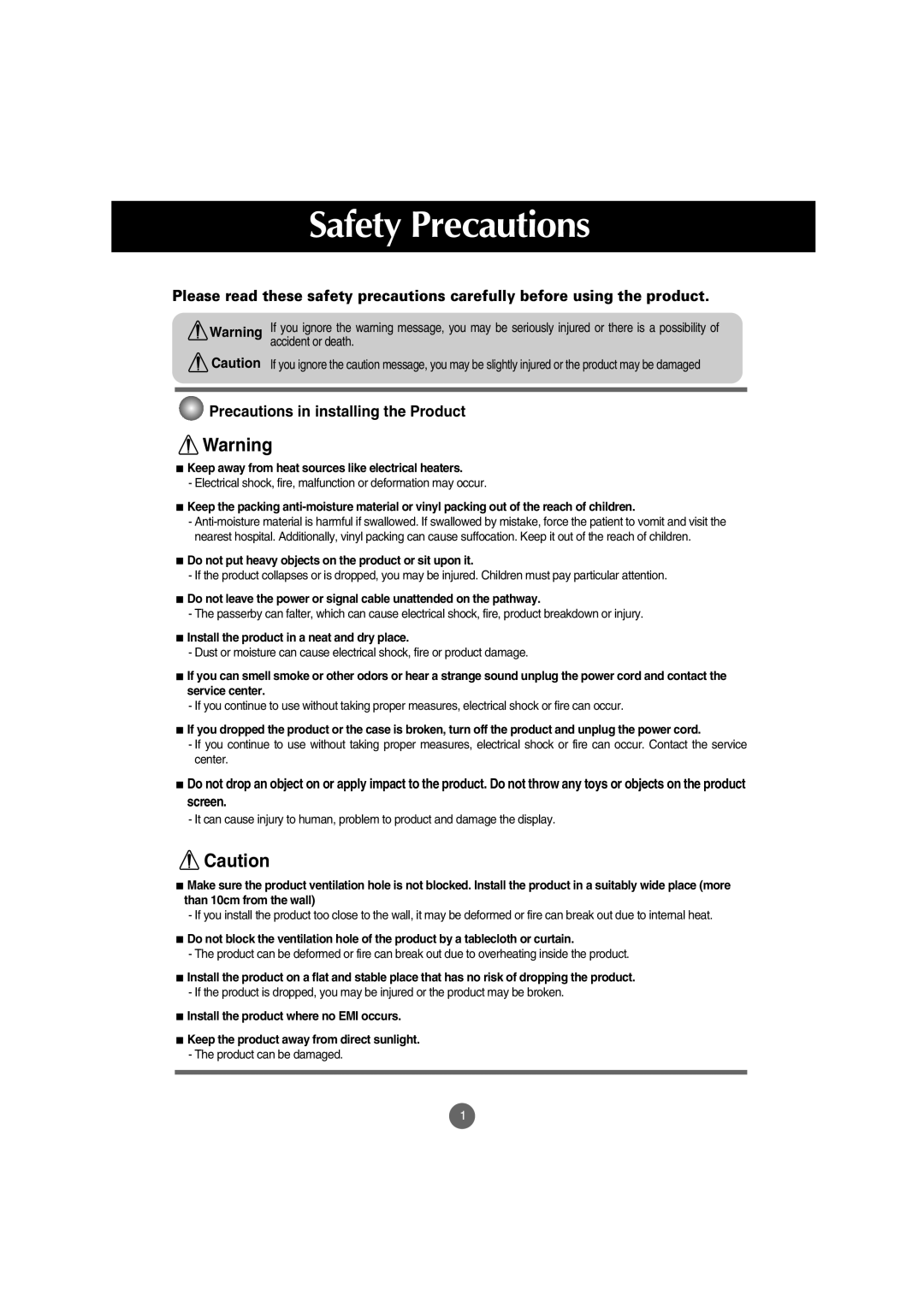 LG Electronics M4210C manual Safety Precautions, Keep away from heat sources like electrical heaters 